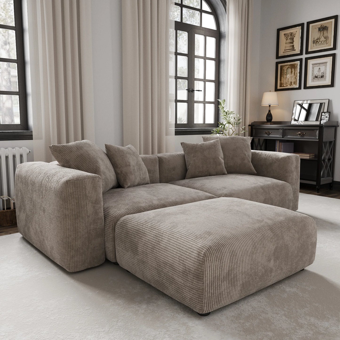 Modern Corduroy Fabric Sectional Couch with 4 Pillows 102" L-Shaped Sofa with Chaise Ottoman Hardwood Frame Sofa for Living Room