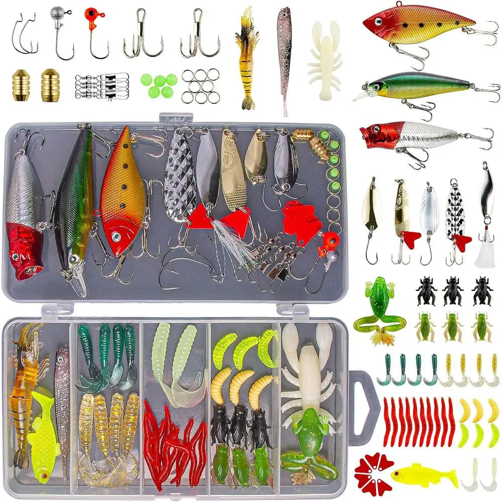 Freshwater Fishing Kit: Bass, Trout, Salmon Lures with Spoons, Soft Worms, Tackle Box for Men