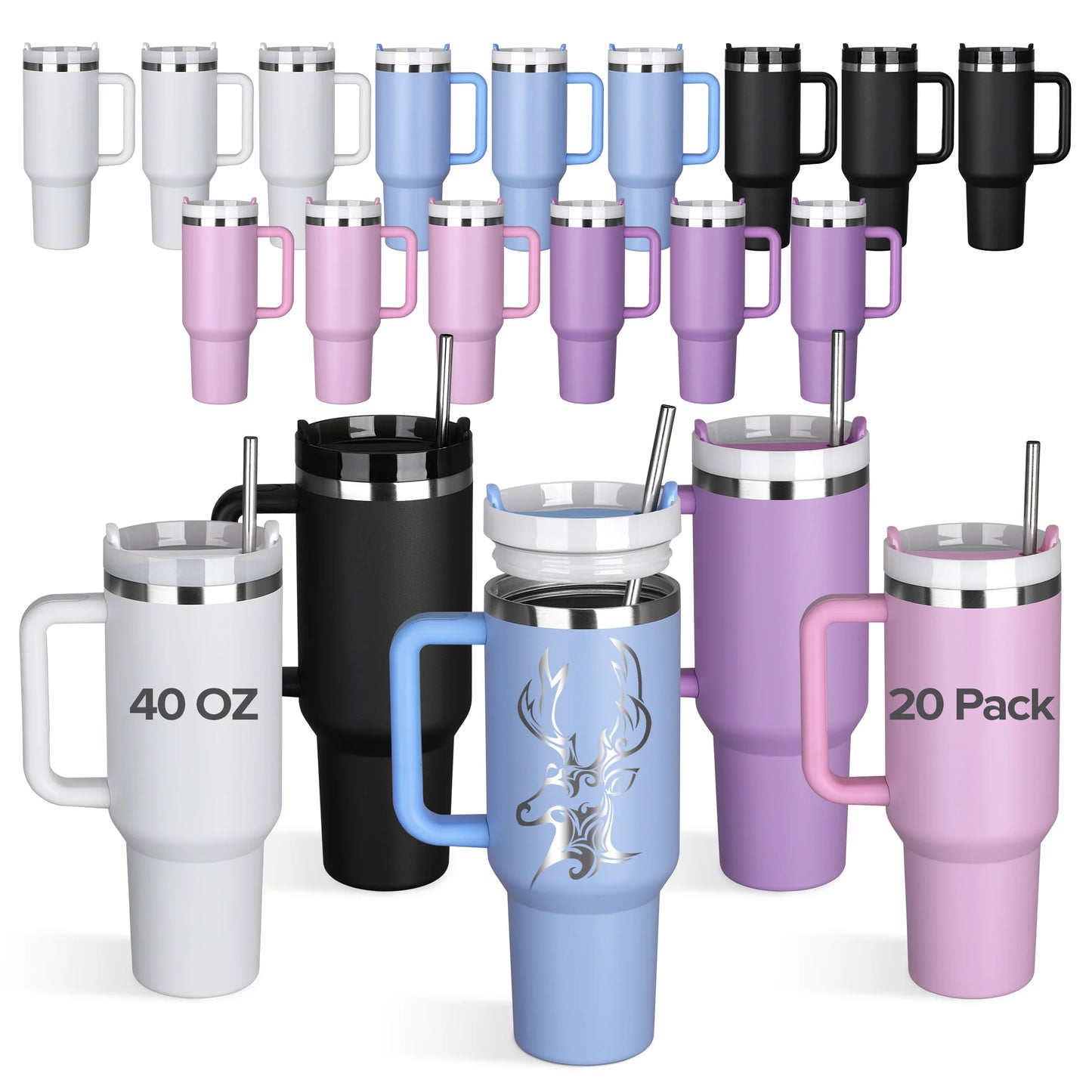 20 Pack 40 oz Stainless Steel Vacuum Tumbler with Handle and Straw,Durable Powder Coated Water Bottle,For Laser Engraving