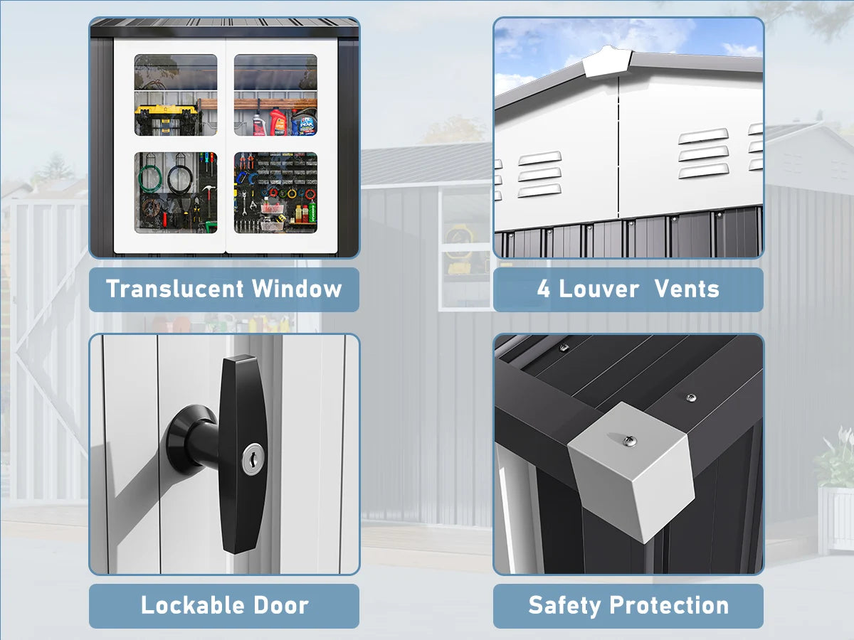 VIWAT 10x12~12x14 FT Outdoor Metal Storage Shed with Window, Lockable Garden Tool Shed, Heavy-Duty Frame, Backyard Patio Black