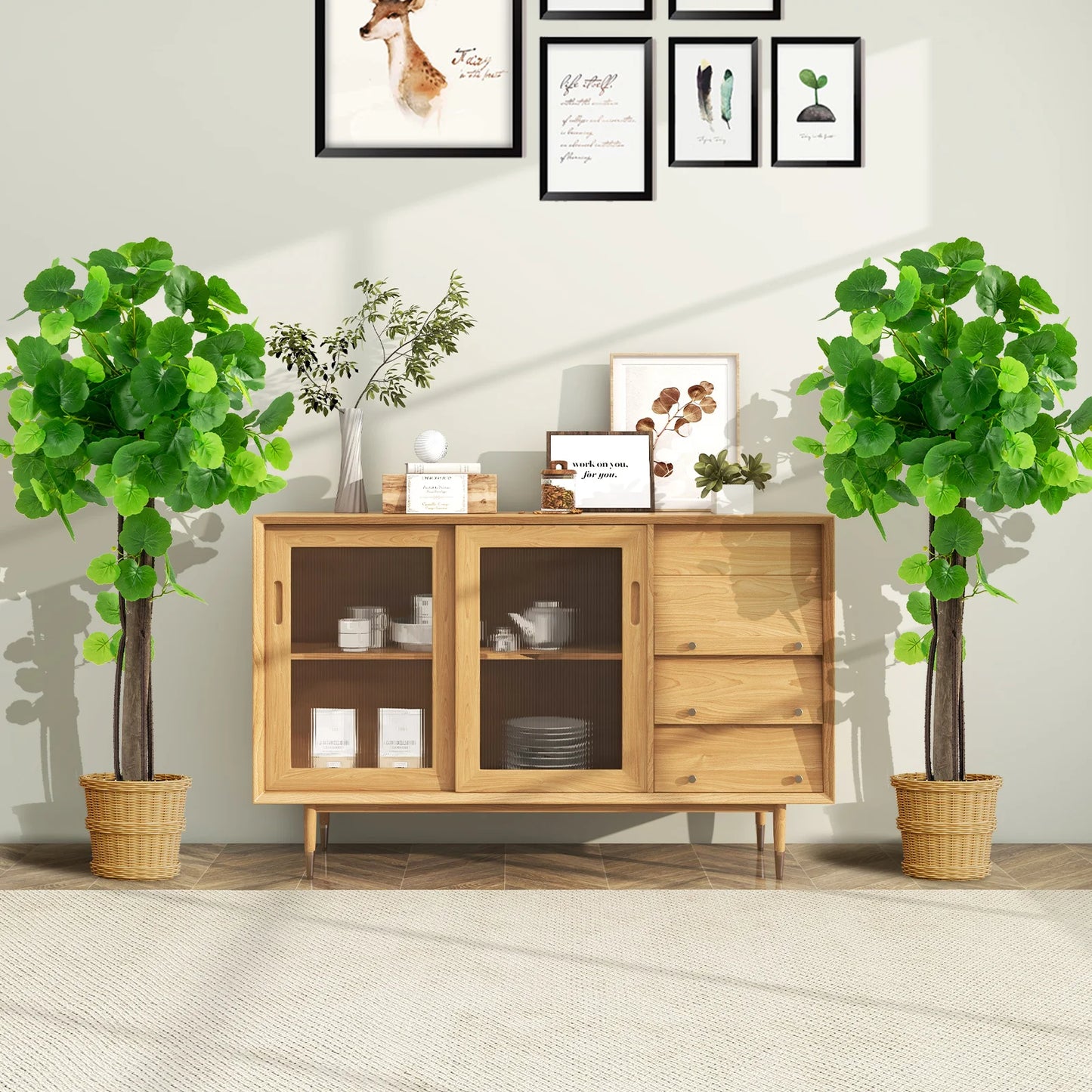 44" Artificial Crabapple Tree w/ Real Wood Trunk Adjustable Branches Faux Grass