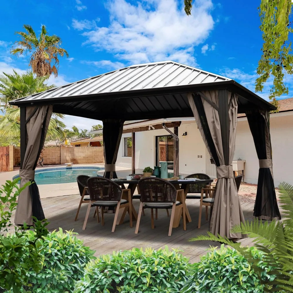 10'x12' Hardtop Gazebo,with with 2-Layer Sidewalls Curtains for Patio, Backyard, Permanent Metal Pavilion