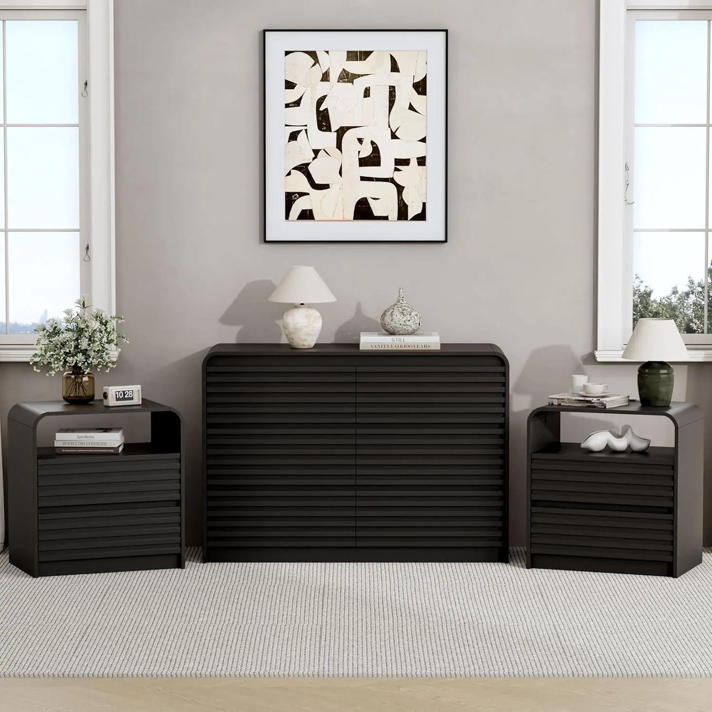 Dresser and Nightstand Sets for Bedroom, 3 Pcs Bedroom Set, Fluted 6 Drawer Dresser with Curved Profile and Night, Customized