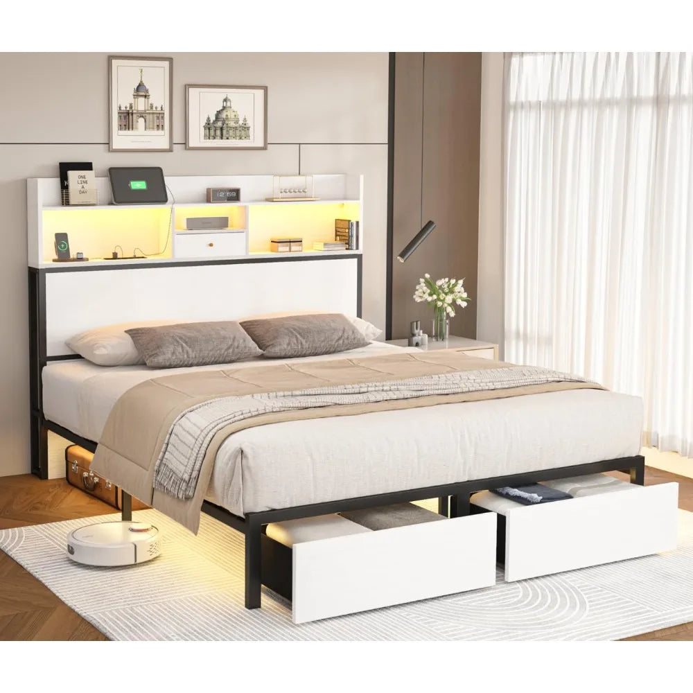 Queen Bed Frame with Tall Headboard and LED Lights, 51.2" Bookcase Bed Frame Queen Size with Storage Drawers and, Customized