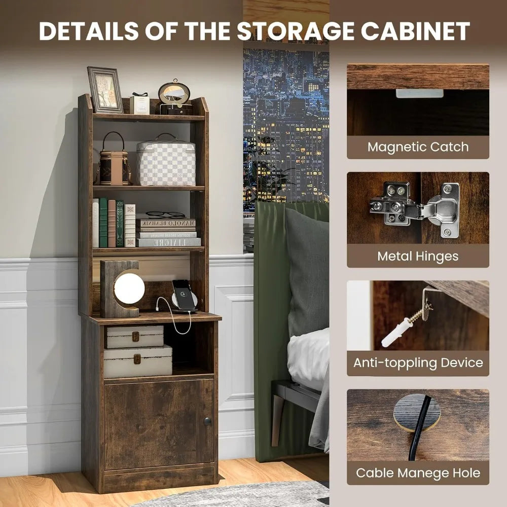 6-tier adjustable bookshelf nightstand, 56" tall, industrial style charging station