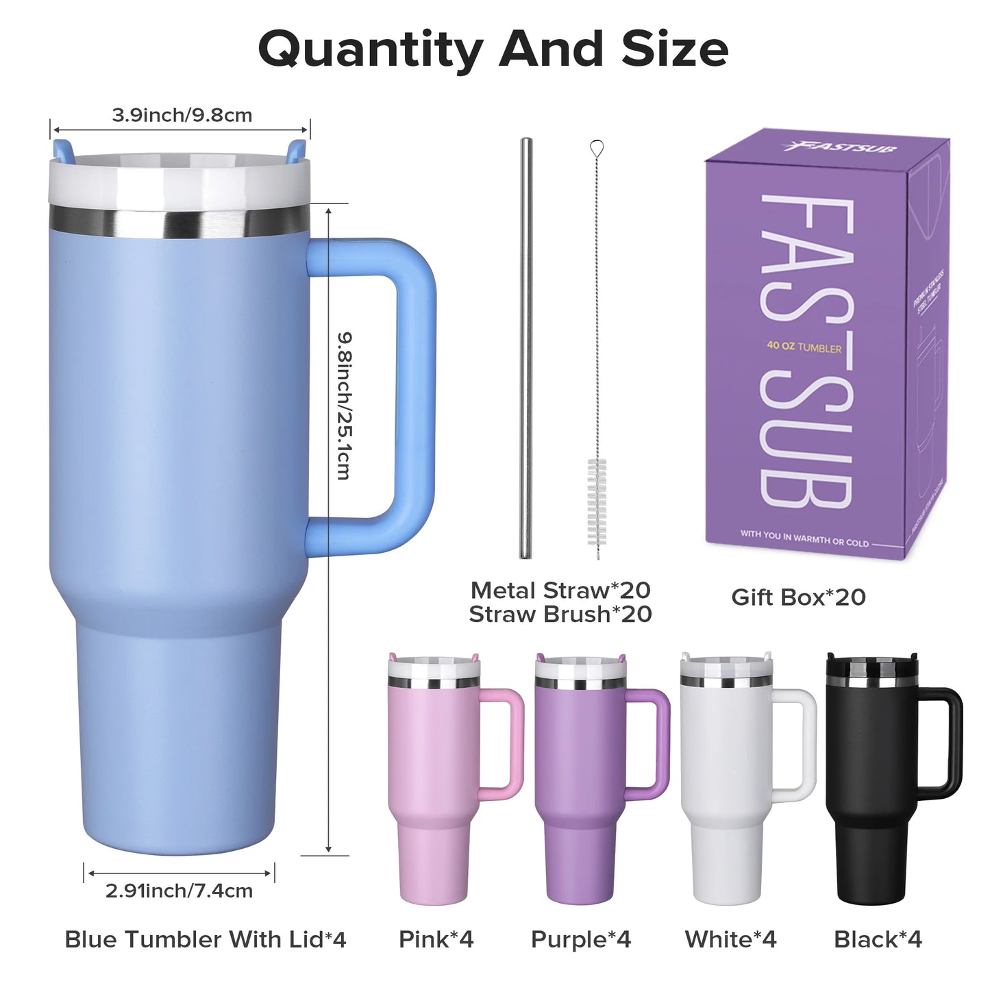20 Pack 40 oz Stainless Steel Vacuum Tumbler with Handle and Straw,Durable Powder Coated Water Bottle,For Laser Engraving