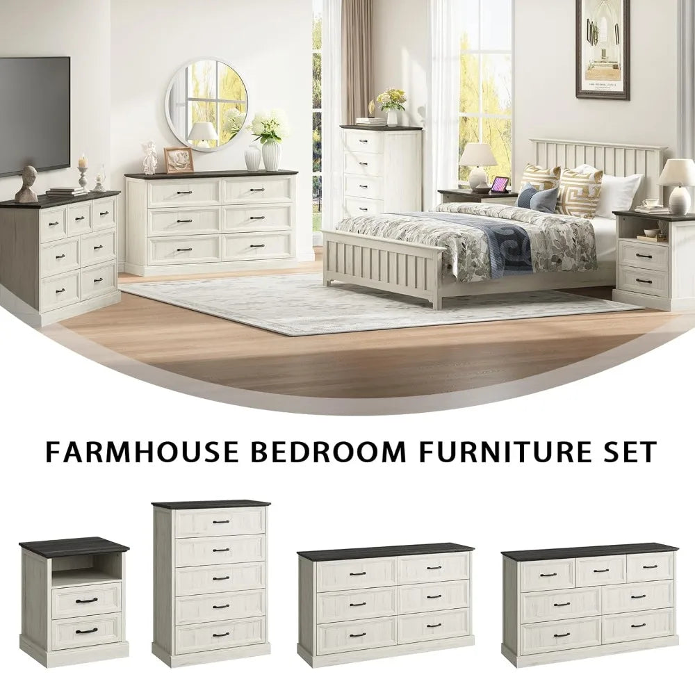 Farmhouse Dresser and Nightstand Sets for Bedroom, 3 Pcs Bedroom Set, 6 Drawer Dresser & Nightstand Set of 2,, Customized