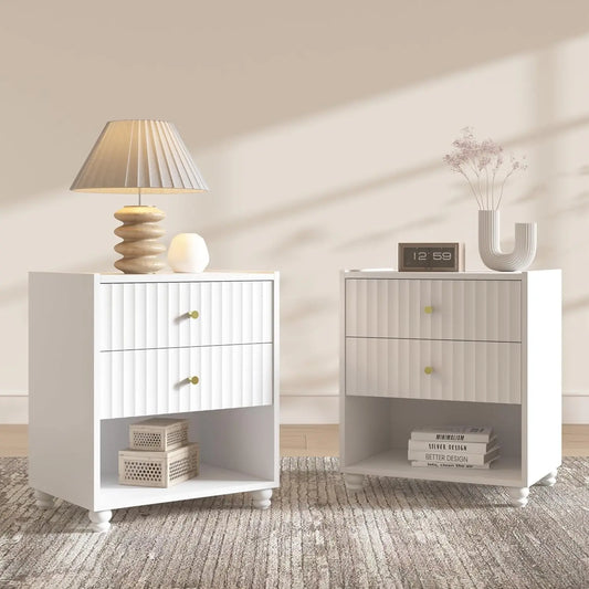 Modern Nightstand Set of 2, Fluted End Table with Open Shelf, Night Stand with 2 Drawers for Bedroom (Green), Customized