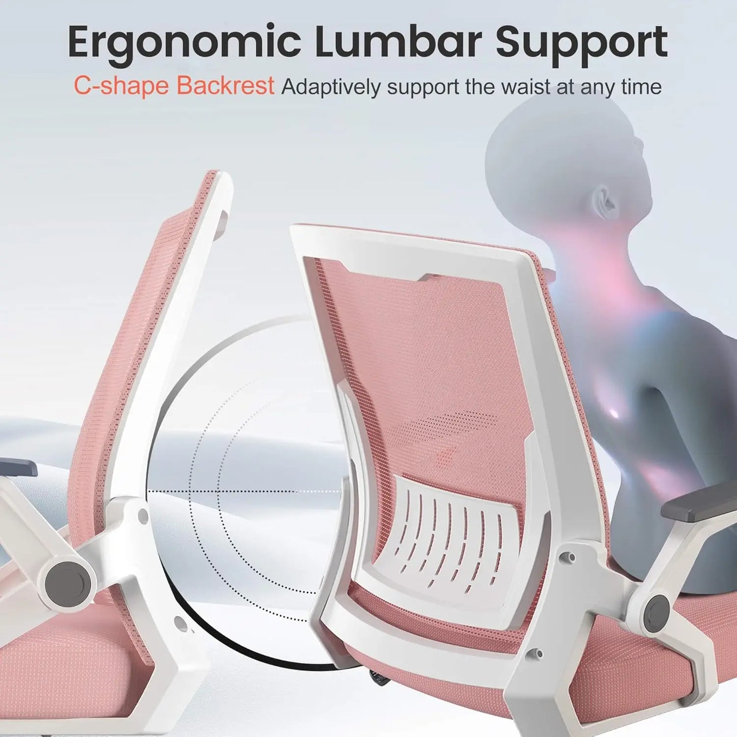 Ergonomic Office Chair with Flip-up Armrests, Breathable Mesh & Lumbar Support in Pink