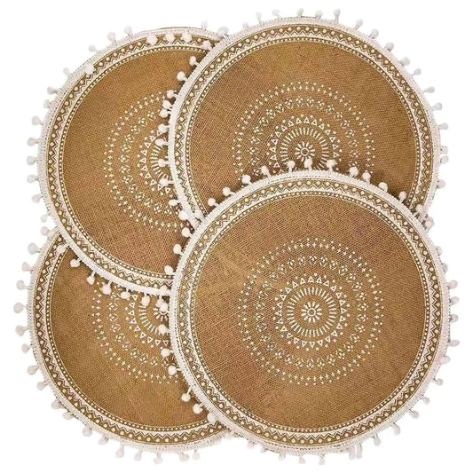 Round Placemats Set of 4, Boho Woven Table Mats with Pompom Tassel for Dining Room Kitchen Table Decor (White Ball)