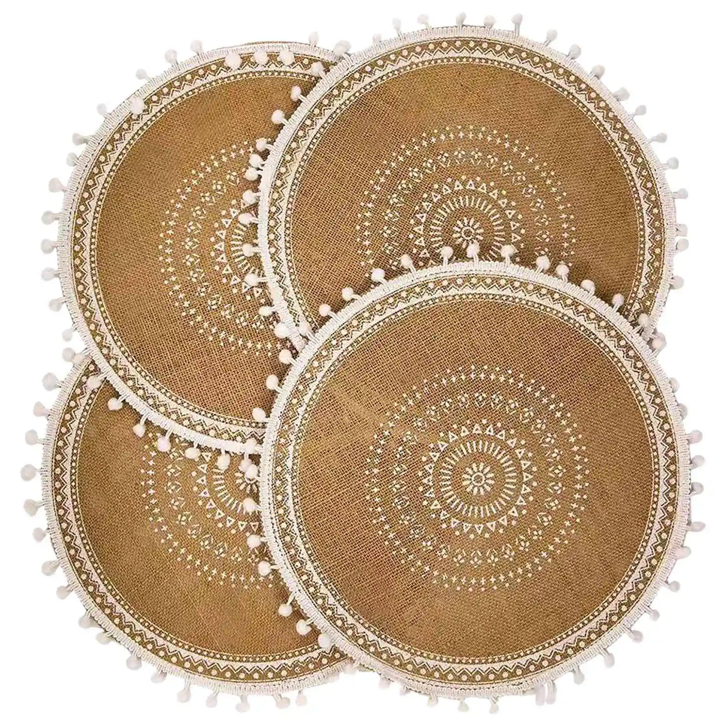 Round Placemats Set of 4, Boho Woven Table Mats with Pompom Tassel for Dining Room Kitchen Table Decor (White Ball)