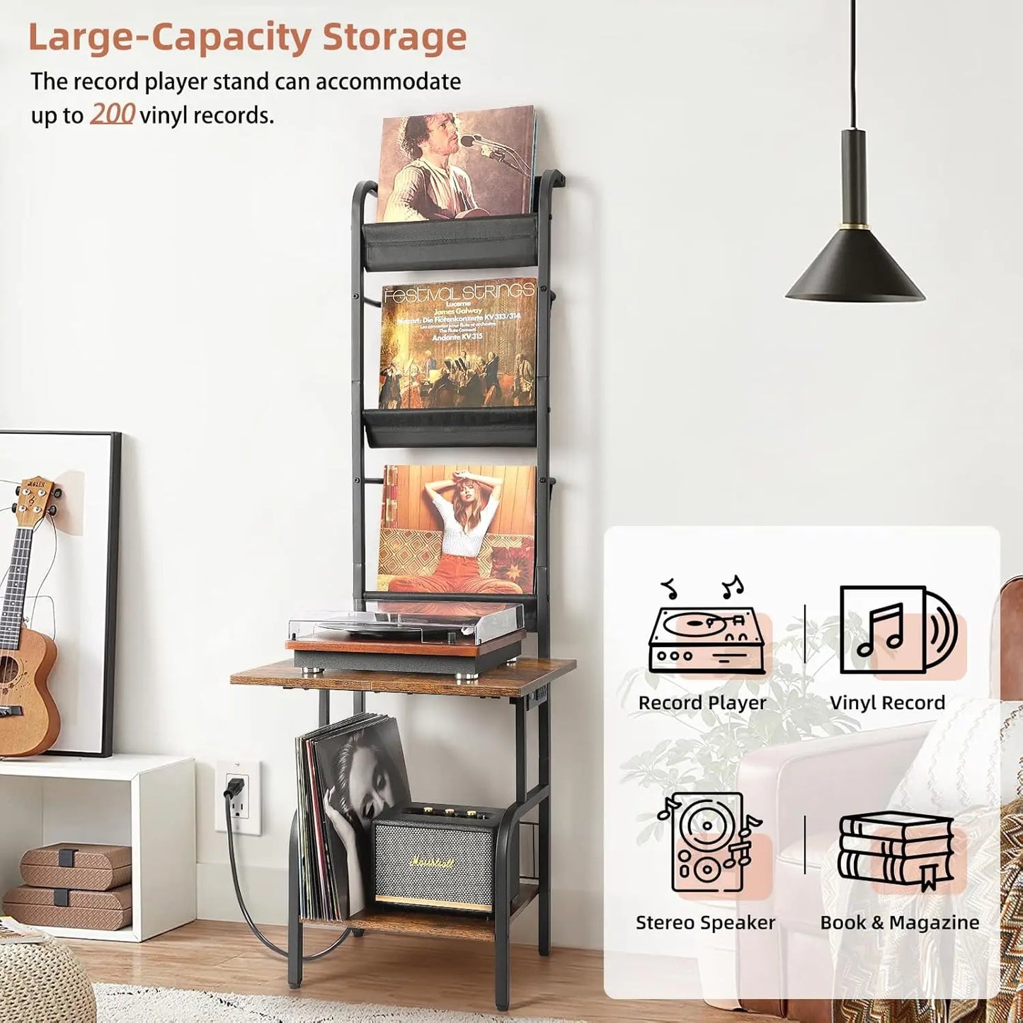 Record Player Stand with Power Outlet, Record Player Table with Vinyl Record Storage up to 200 Albums, Turntable Stand with Reco
