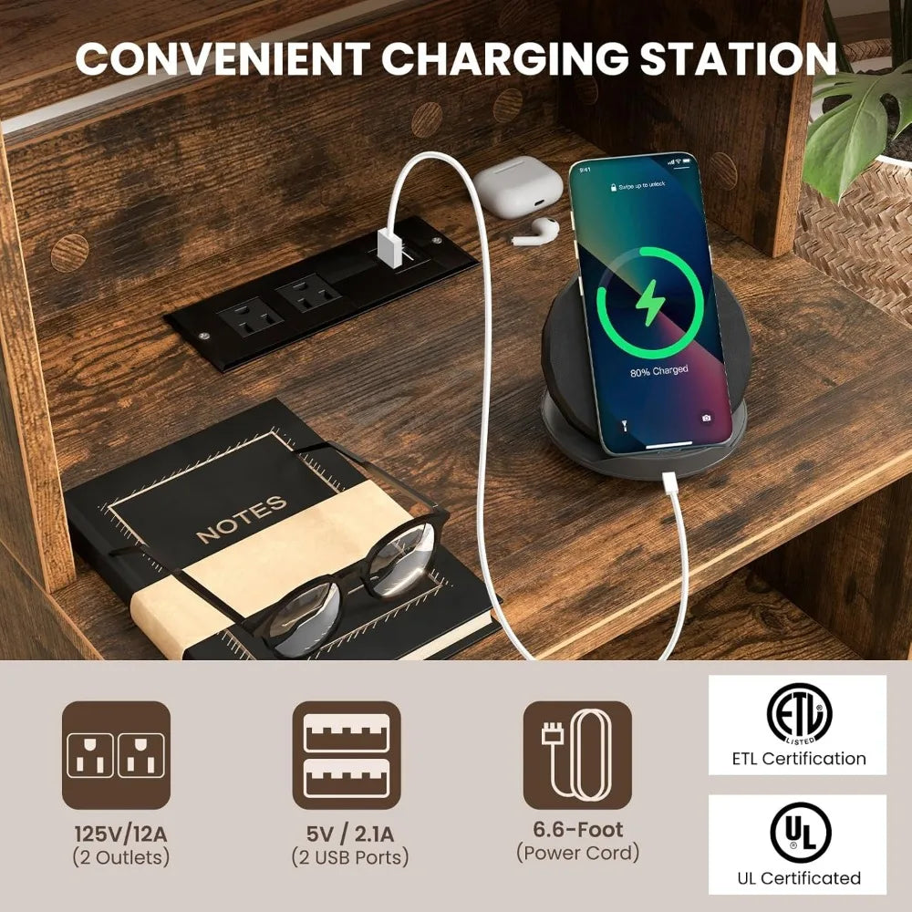 6-tier adjustable bookshelf nightstand, 56" tall, industrial style charging station
