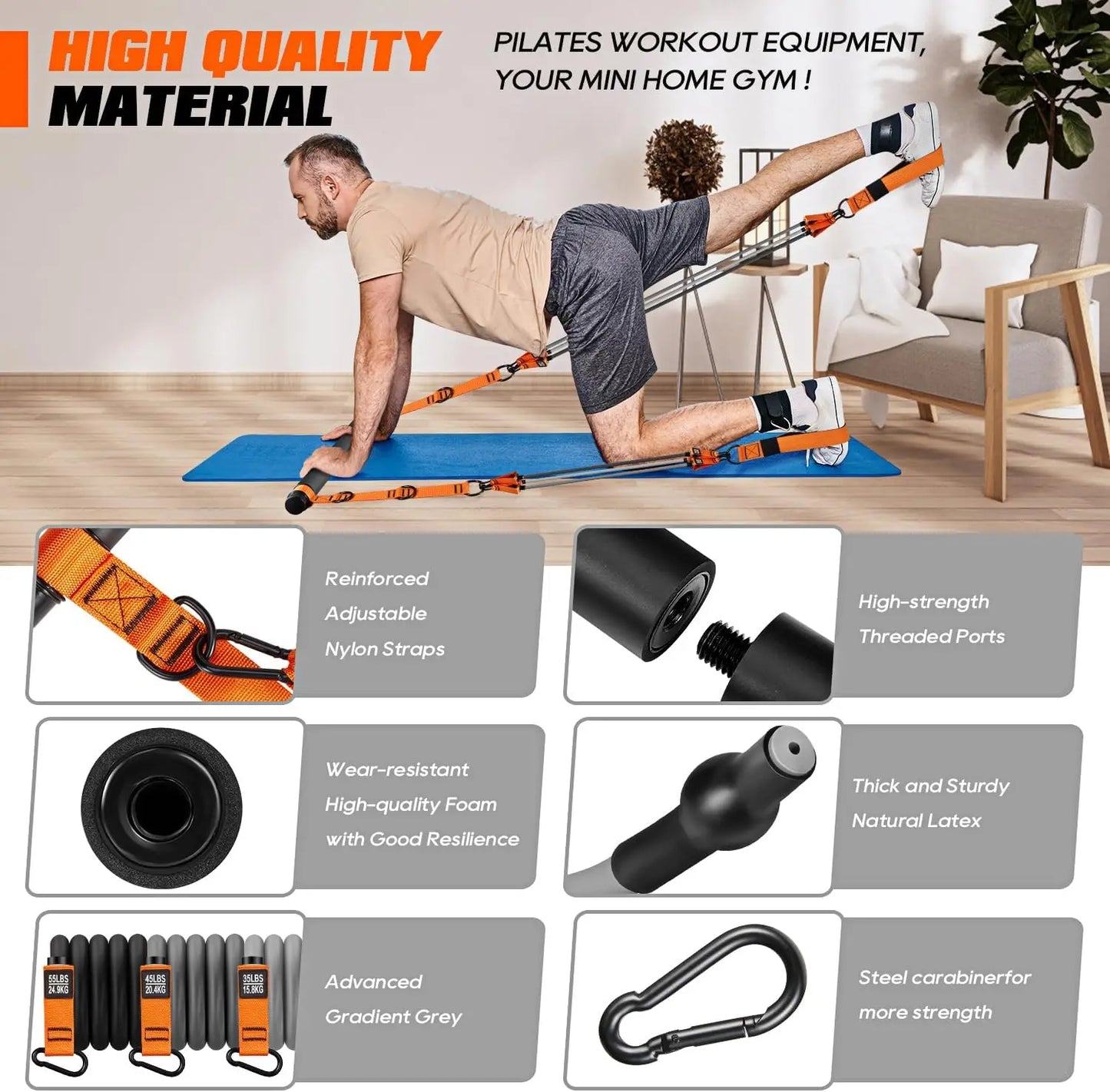 Heavy Duty Pilates Bar Kit with Resistance Bands for Full Body Workout, Portable Home Gym Equipment