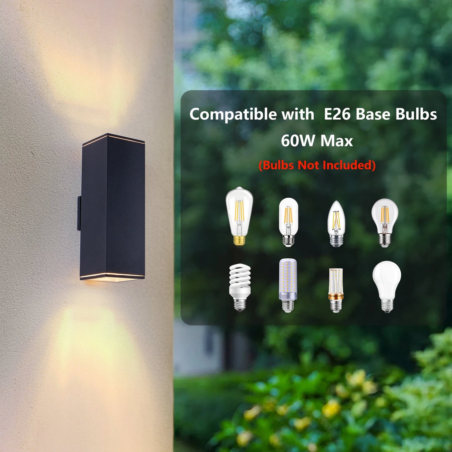 2 Pack Rectangular Outdoor Wall Light - Dual E26 Base, Sand Black Aluminum & Tempered Glass All-Weather Sconce for Garden