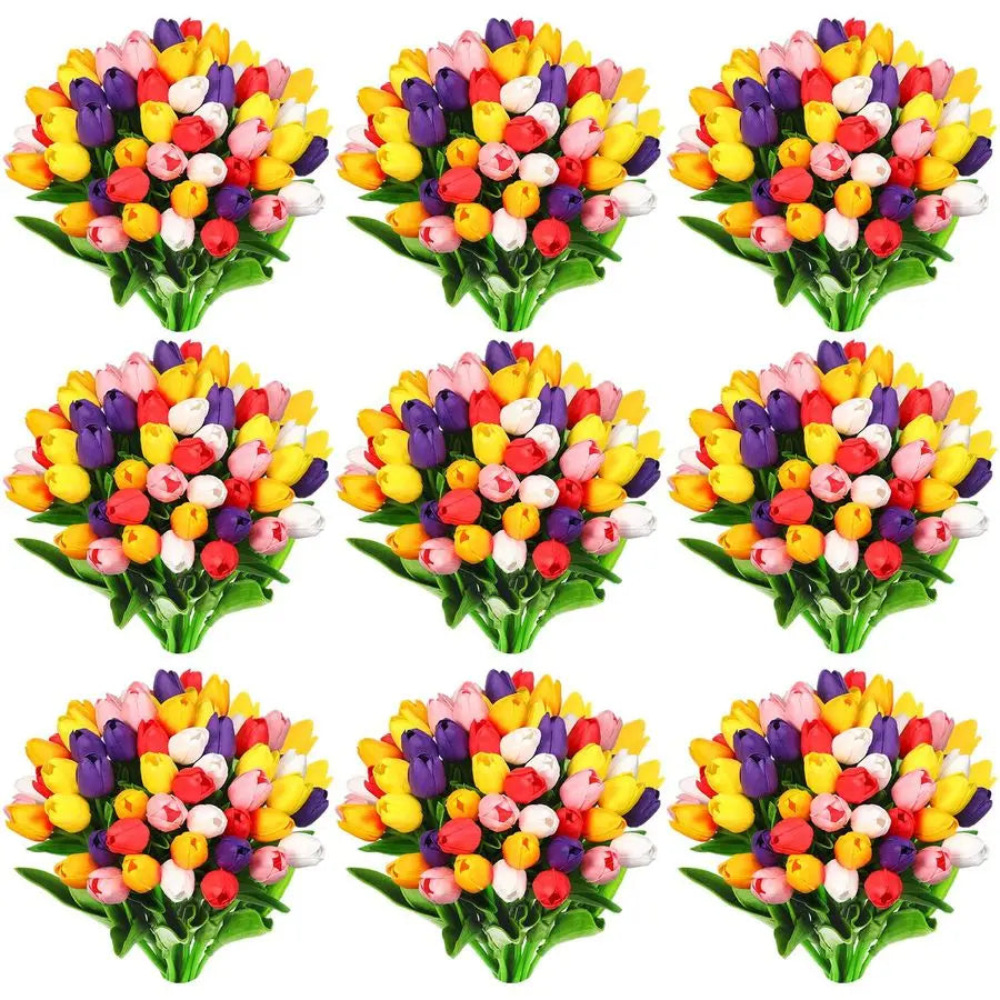 96 Pieces Multicolor Artificial Tulips Flowers Faux PU Fake Tulip for Easter Spring Wreath Real Touch Arrangement for Spring Wed