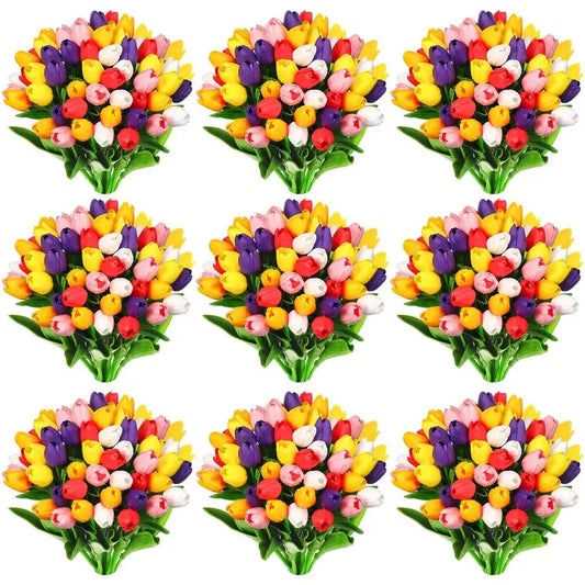 96 Pieces Multicolor Artificial Tulips Flowers Faux PU Fake Tulip for Easter Spring Wreath Real Touch Arrangement for Spring Wed
