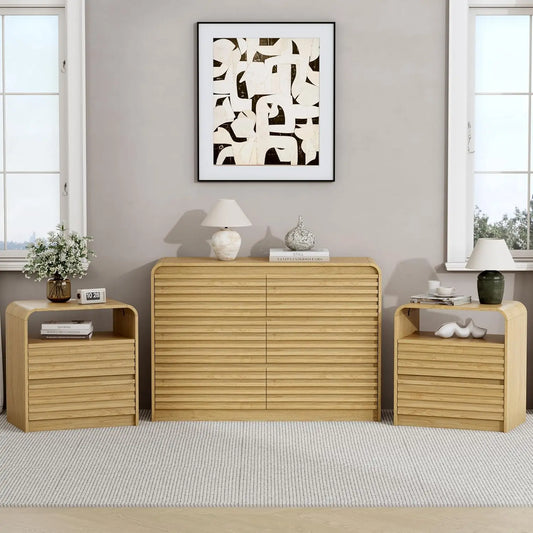 Dresser and Nightstand Sets for Bedroom, 3 Pcs Bedroom Set, Fluted 6 Drawer Dresser with Curved Profile and Night, Customized