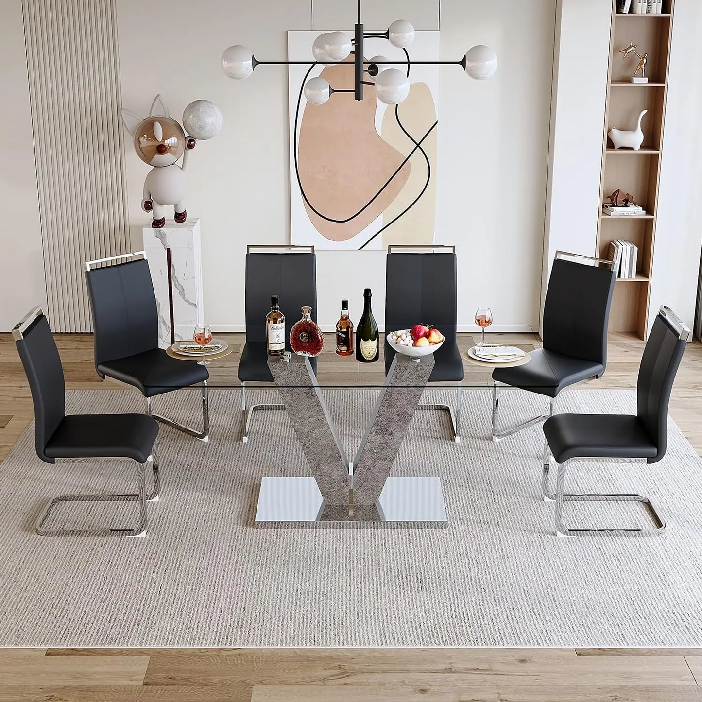 Glass Dining Room Table Set for 6,Modern Dining Table with 6 PU Leather Dining Chairs.71'' Kitchen Table with, Customized