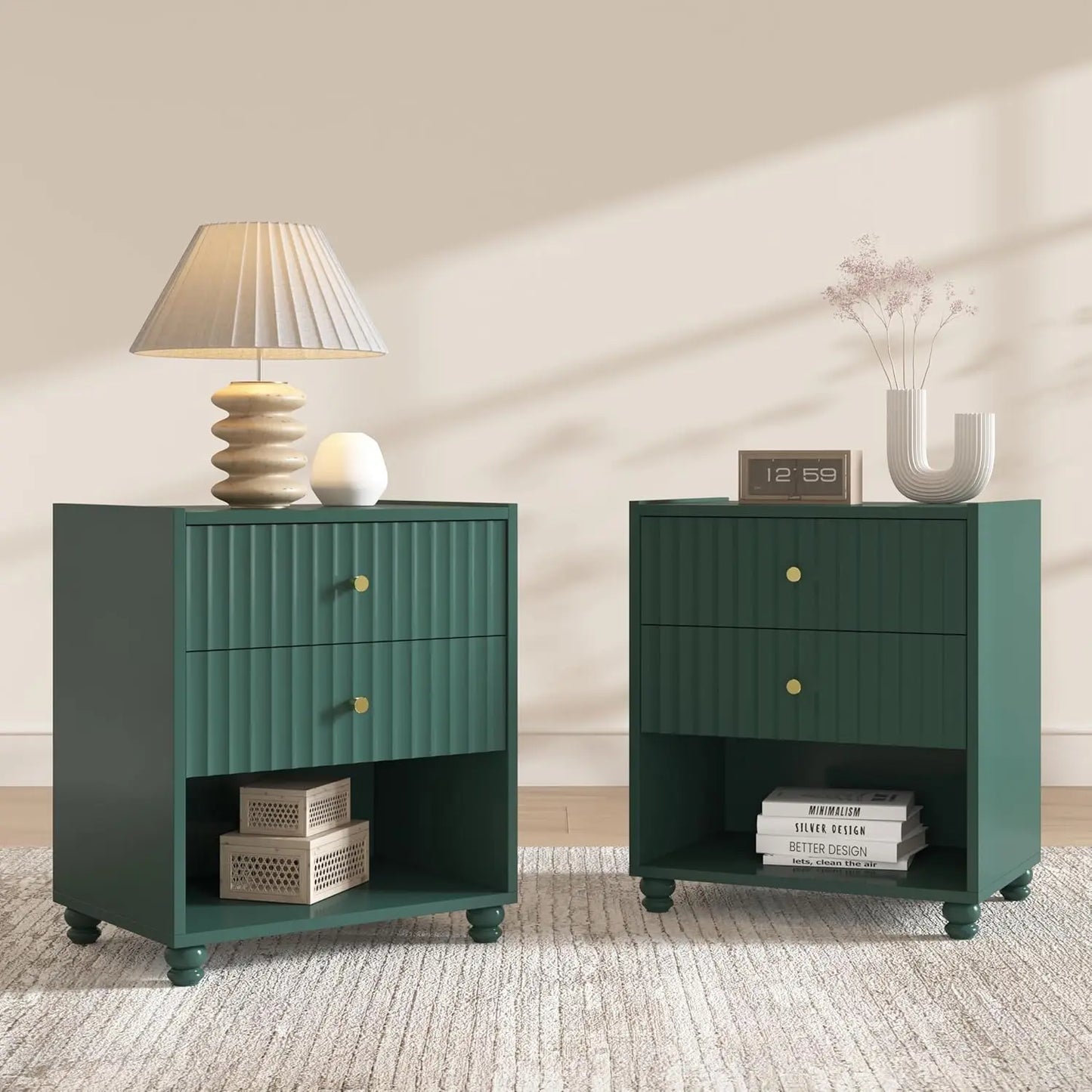 Modern Nightstand Set of 2, Fluted End Table with Open Shelf, Night Stand with 2 Drawers for Bedroom (Green), Customized