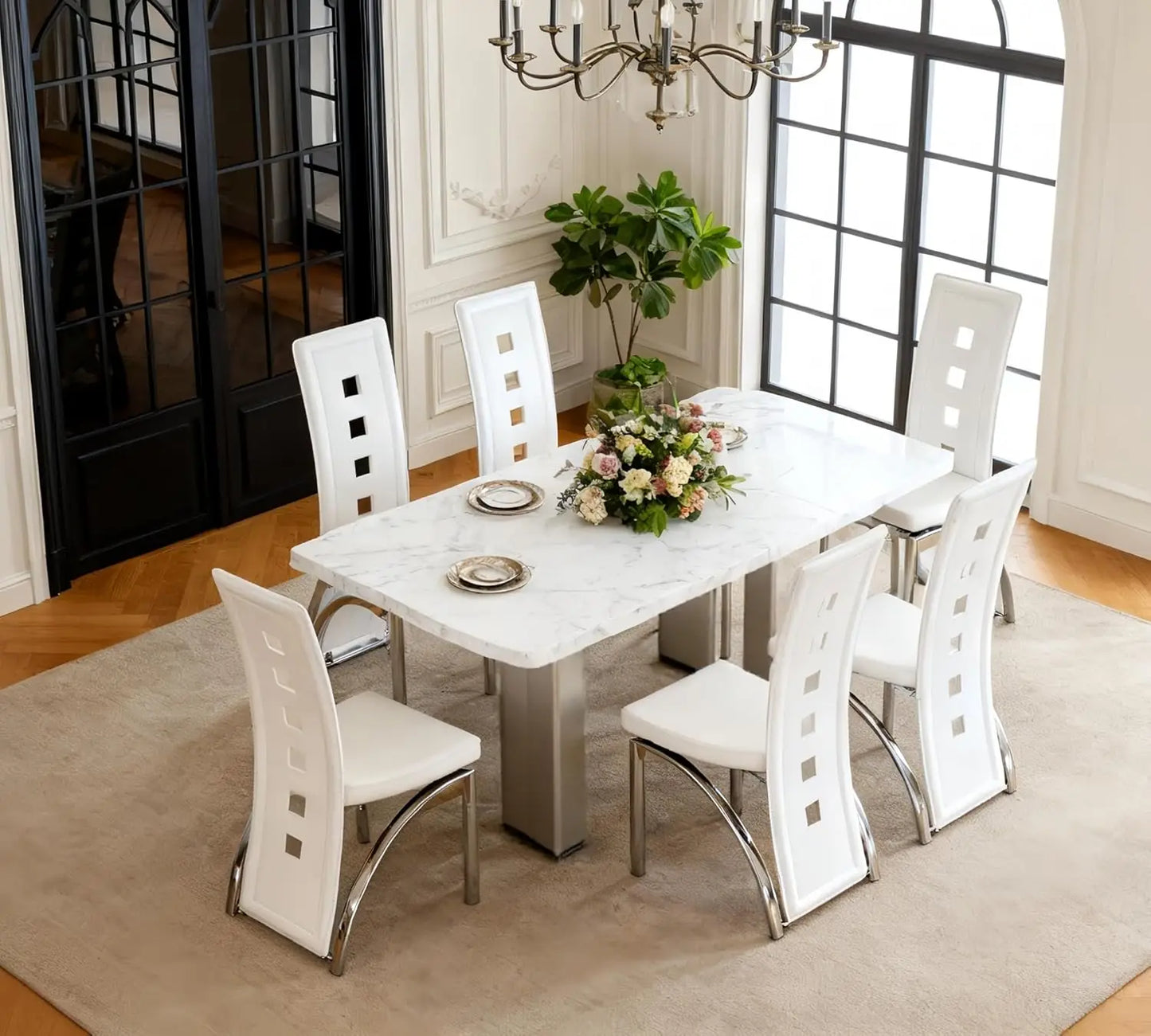Black Dining Chairs Set of 6，Dining Room Chairs Set ，Upholstered Faux Leather Kitchen Chair with Metal Legs, Customized