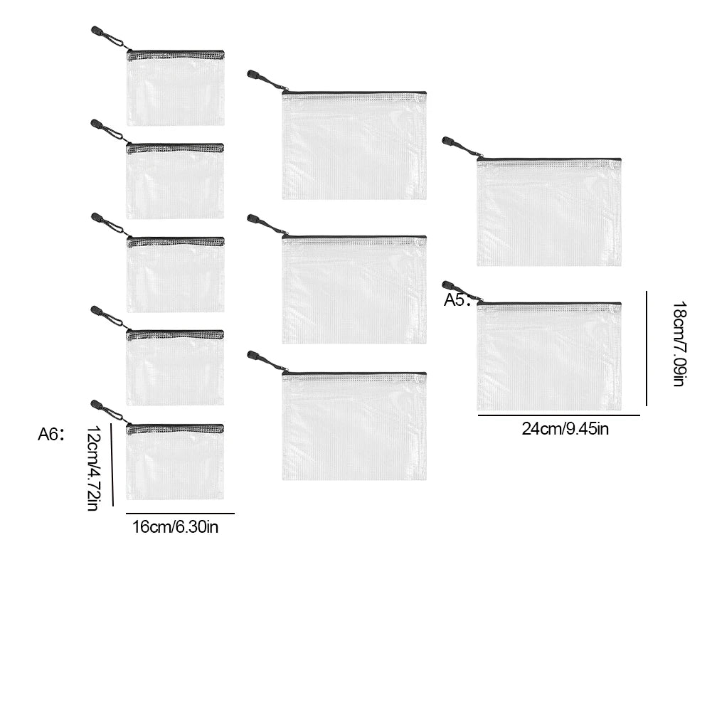 10Pcs Mesh Zipper Pouch A5 A6 Document Bag Plastic Zip File Folders for School Office Supplies Travel Storage Bags