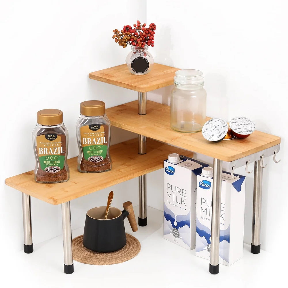 3 Tier Bamboo Corner Shelf Countertop Organizer Storage Display Kitchen Bathroom Office with Hooks Eco-Friendly Design