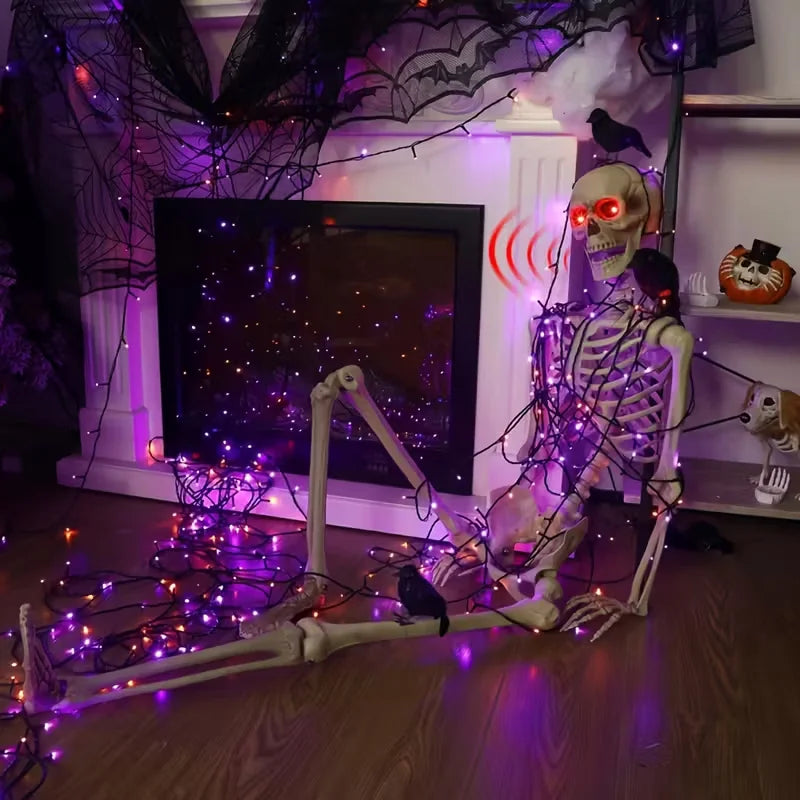 5.6 Feet DIY Voice-Activated Glowing Skeleton, with Glowing Eyes and Voice-Activated Sensors, Scary Sounds, Adjustable into Various Poses, Suitable for Indoor and Outdoor Use, Halloween, Day of the Dead Decorations