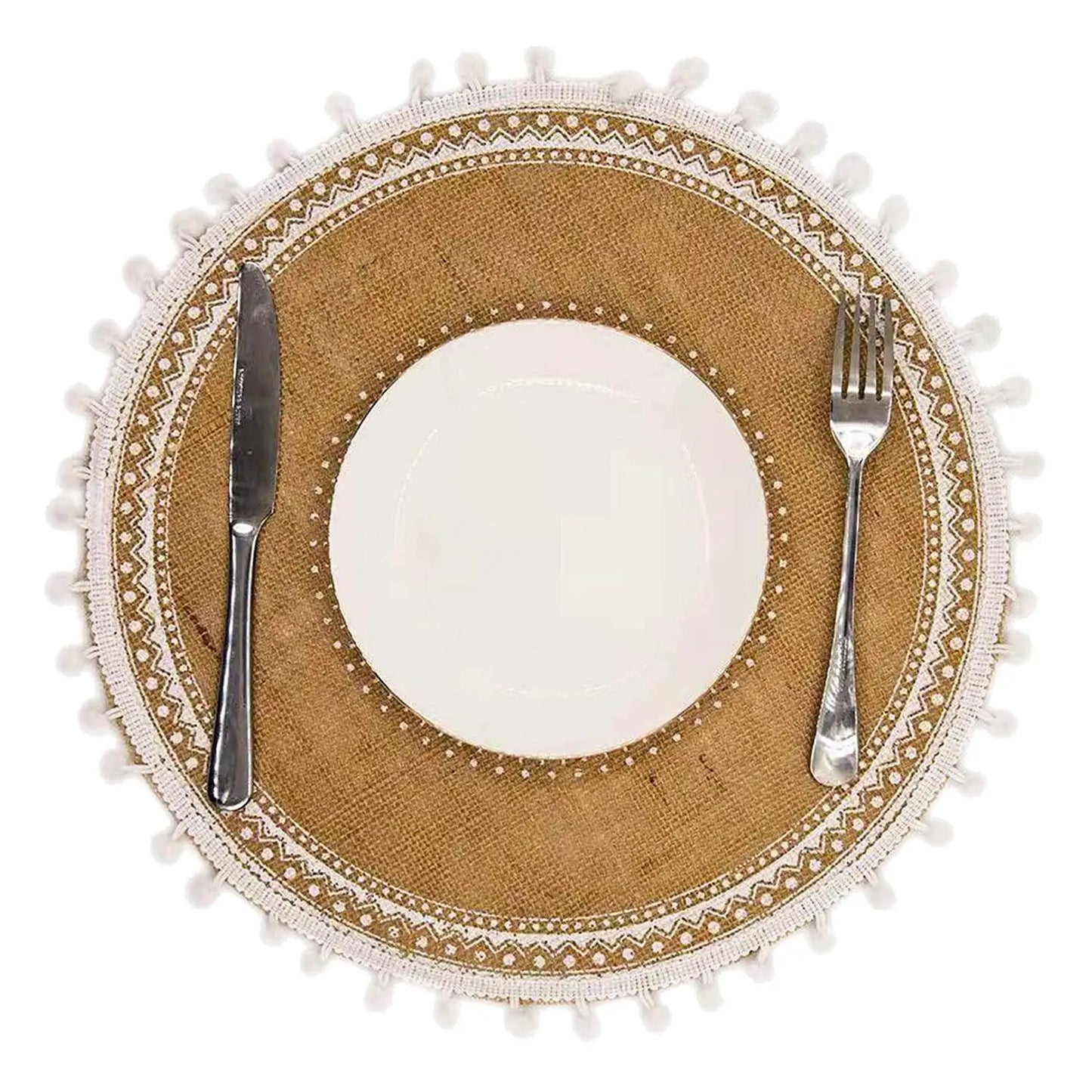 Round Placemats Set of 4, Boho Woven Table Mats with Pompom Tassel for Dining Room Kitchen Table Decor (White Ball)