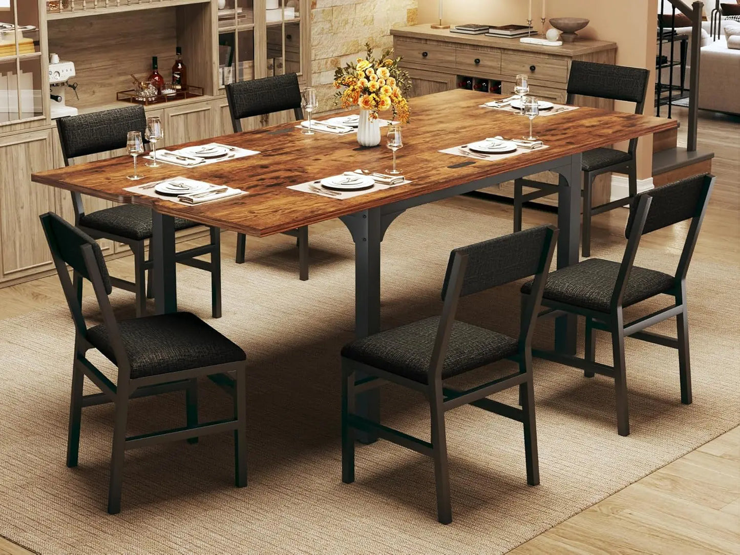 7-Piece Dining Table Set for 4-6, Extendable Kitchen Table Cushion Chairs Set of 6 with 6 Chairs, Rectangle Dining Table
