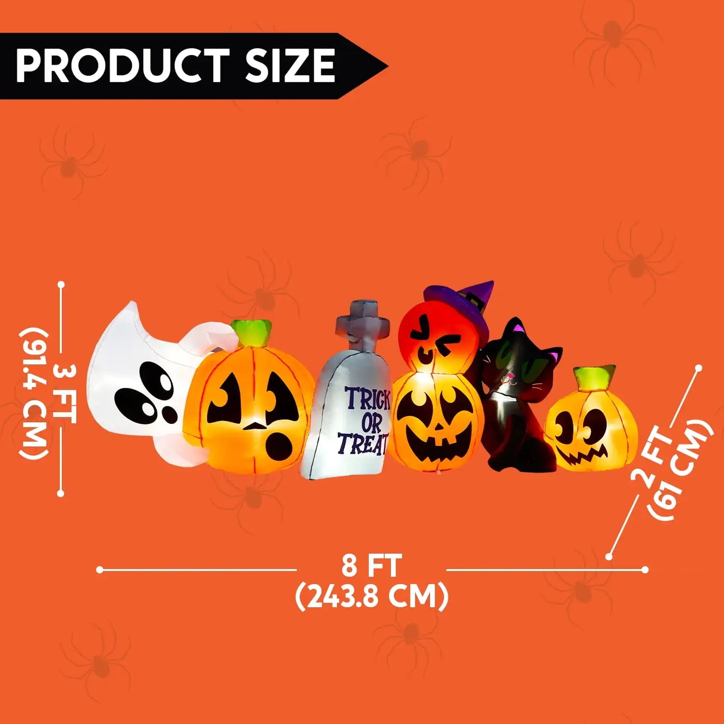 Joyfy 8 ft Halloween Inflatables Characters Long Light Up Pumpkin Ghost Cat Tombstone Halloween Blow up Yard Decorations