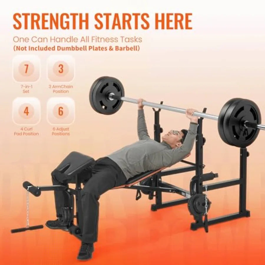 7 In 1 Adjustable Weight Bench Set with Squat Rack and Leg Extension/Curl for Home Gym Black Steel Frame 600LB Weight Capacity