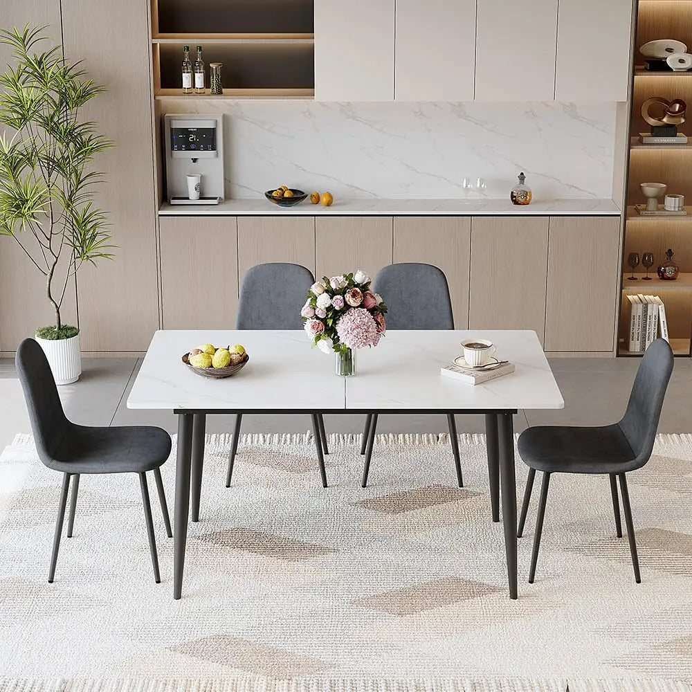 5 Piece Dining Table Set, 59"-75" Extendable Dining Room Table Set with 4 Upholstered Chairs, White Kitchen Table, Customized