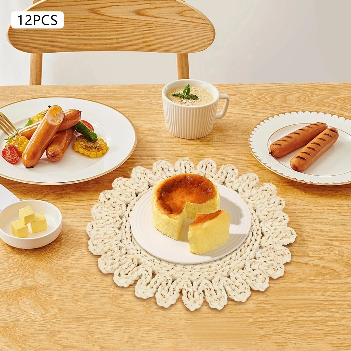 12 Pack Round Woven Placemats Heat Resistant Table Mats Natural Corn Husk Dining Tableware Place Settings for Home Restaurant