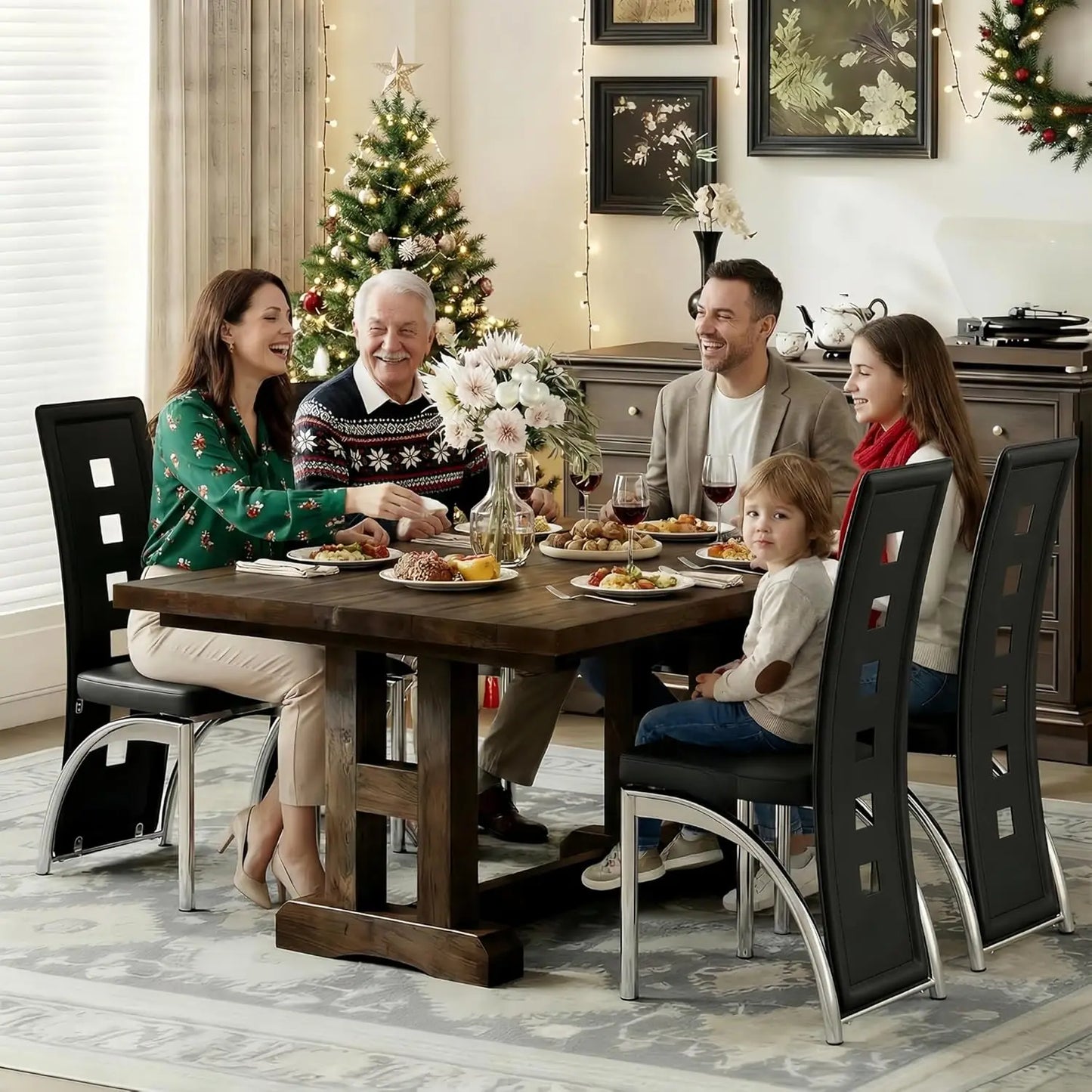 Black Dining Chairs Set of 6，Dining Room Chairs Set ，Upholstered Faux Leather Kitchen Chair with Metal Legs, Customized