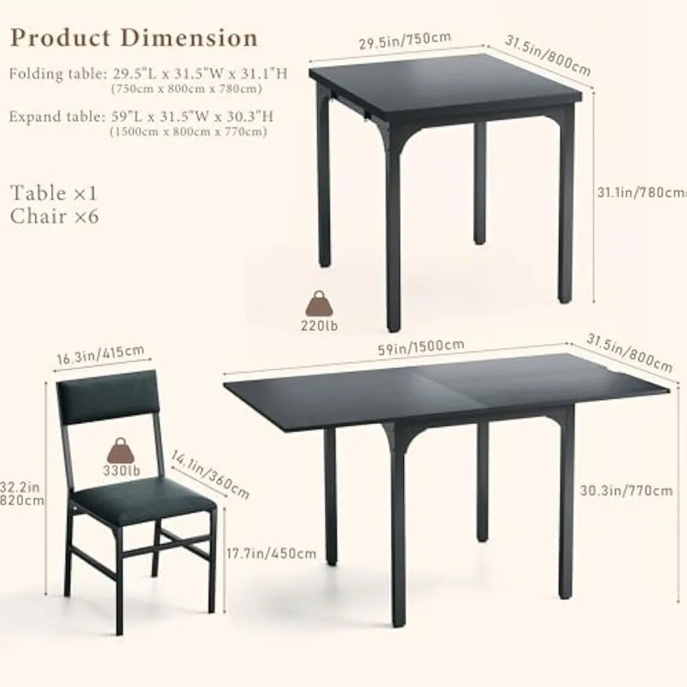 7-Piece Dining Table Set for 4-6, Extendable Kitchen Table Cushion Chairs Set of 6 with 6 Chairs, Rectangle Dining Table