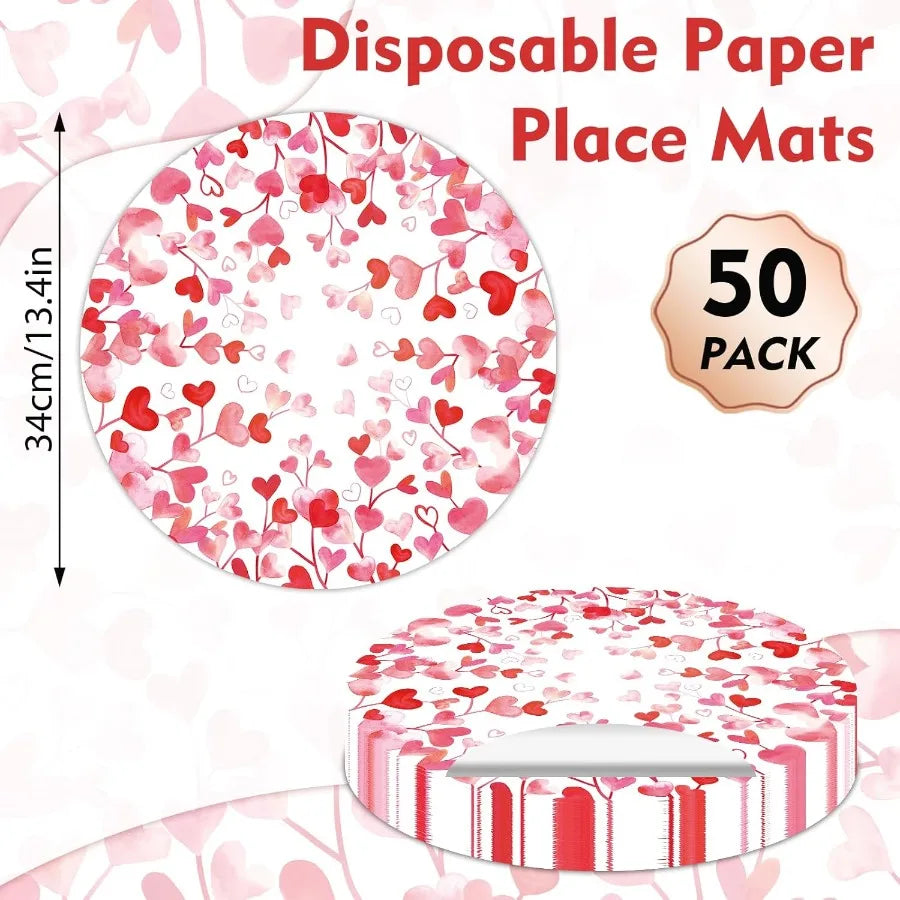 Pink Love Heart Paper Placemats Disposable 50 Pack Heart Place Mats 13.4 Ih Round Decorative Heart Love Table Mats for Wedding