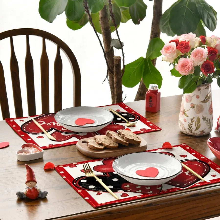 Red Dot Heart Love Valentine Placemats Set of 4 12x18 Ih Wedding Anniversary Table Mats for Party Kitchen Dining Decoration