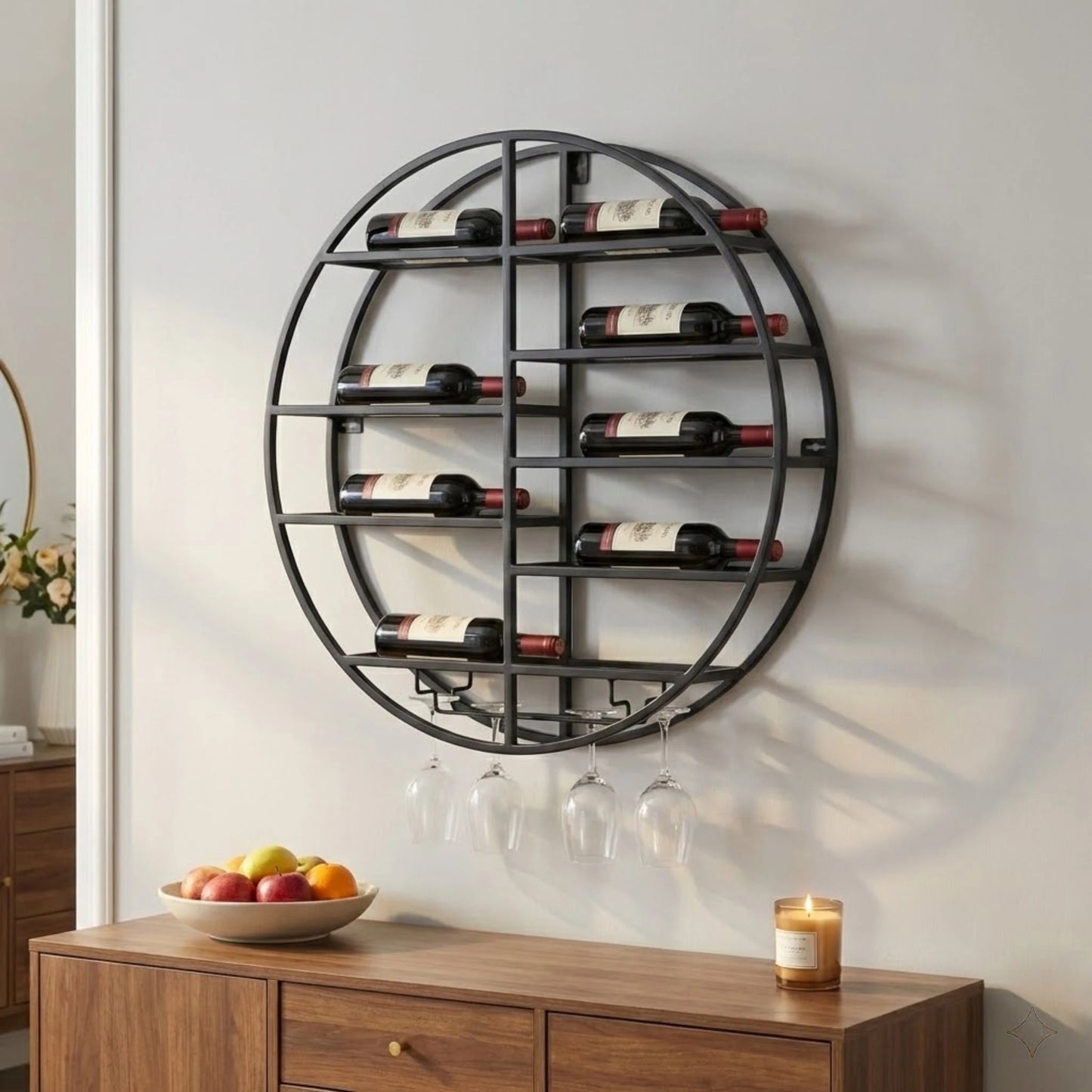 Modern Black Iron Wine Shelf Wall Mounted Large Capacity 7 Bottle Storage Rack