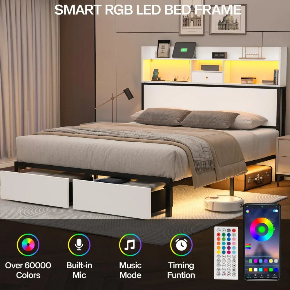 Queen Bed Frame with Tall Headboard and LED Lights, 51.2" Bookcase Bed Frame Queen Size with Storage Drawers and, Customized