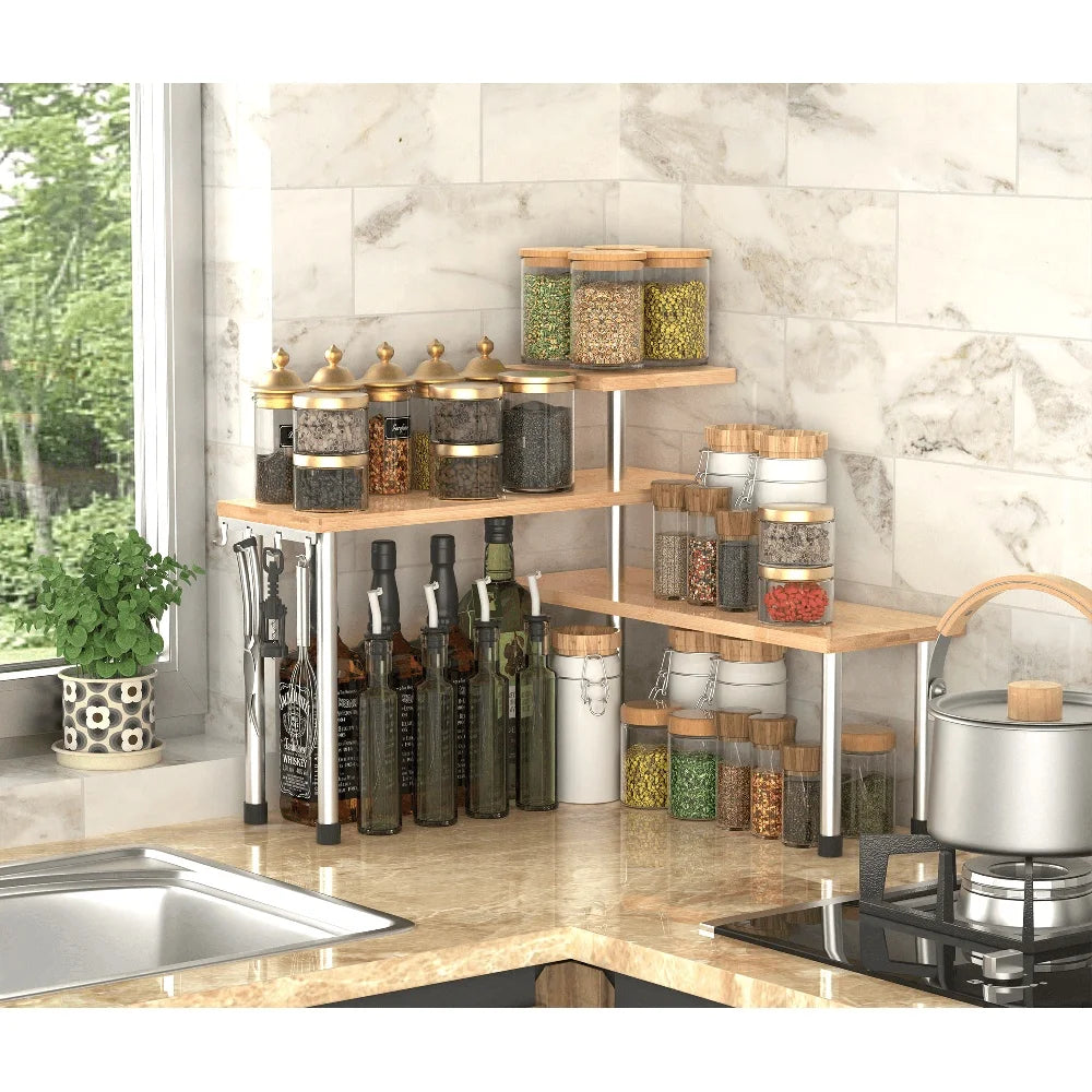 3 Tier Bamboo Corner Shelf Countertop Organizer Storage Display Kitchen Bathroom Office with Hooks Eco-Friendly Design