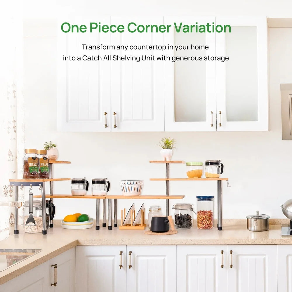 3 Tier Bamboo Corner Shelf Countertop Organizer Storage Display Kitchen Bathroom Office with Hooks Eco-Friendly Design