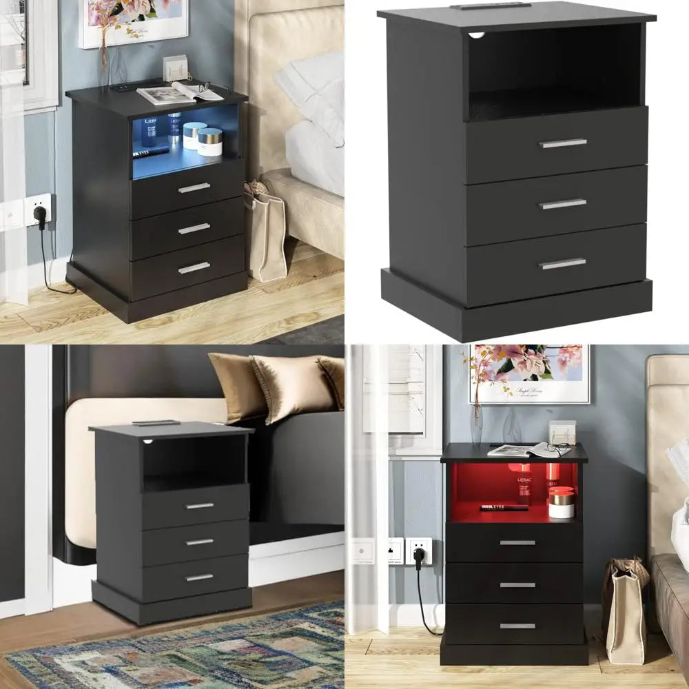 modern led nightstand with charging port, 3-drawer side table with lighting, open storage end table, bedside storage cabinet