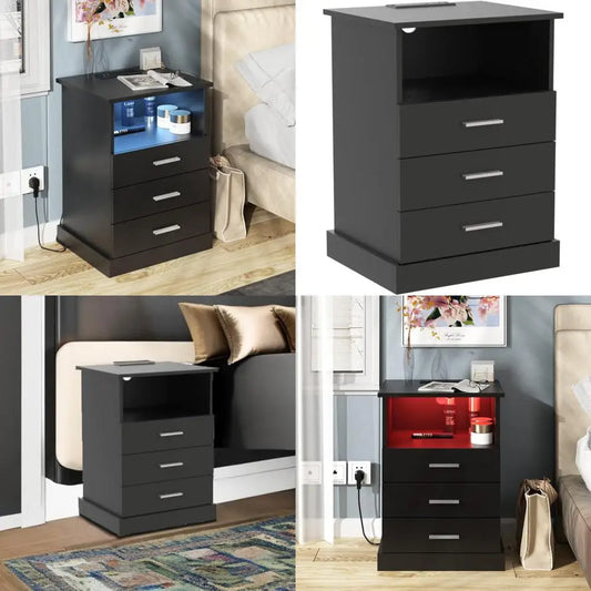 modern led nightstand with charging port, 3-drawer side table with lighting, open storage end table, bedside storage cabinet