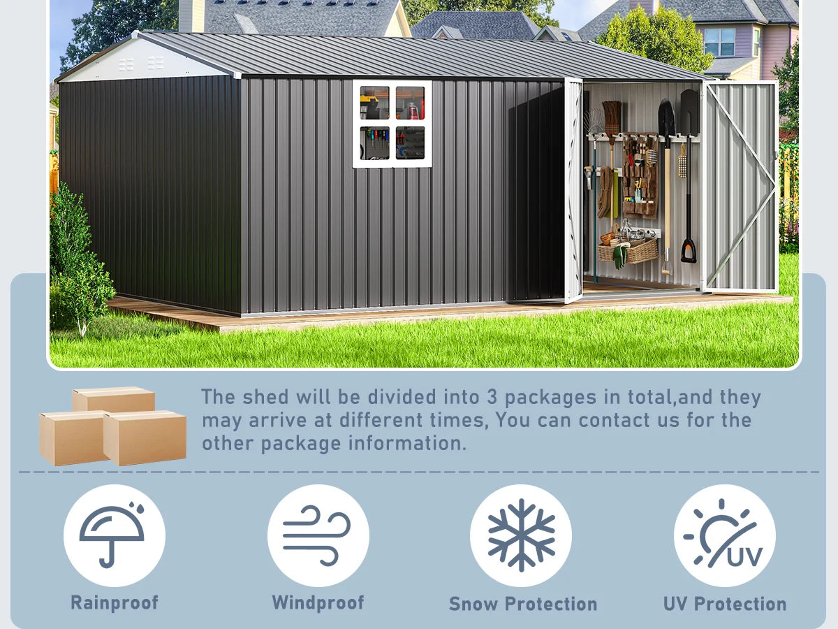 VIWAT 10x12~12x14 FT Outdoor Metal Storage Shed with Window, Lockable Garden Tool Shed, Heavy-Duty Frame, Backyard Patio Black