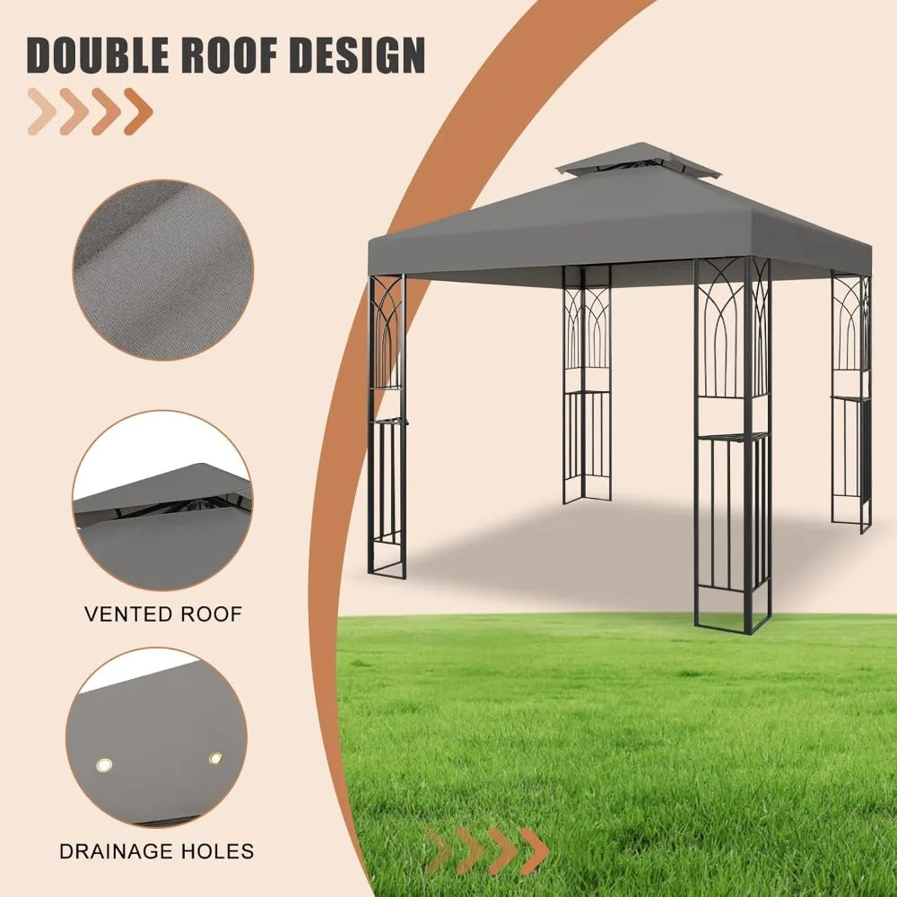 8x8 Outdoor Gazebo Tent with Corner Shelves, Double Roof Patio Paviloin with Soft Fabric Top, Outdoor Sunshelter