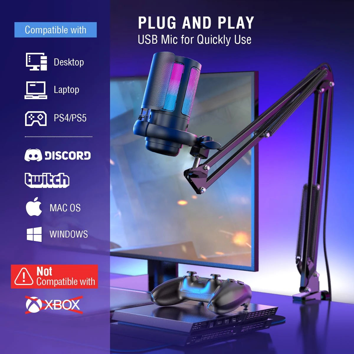 Aveek Gaming USB Condenser Microphone for PC, Podcasting, Streaming & Videos | Complete Kit with Boom Arm, Pop Filter, RGB Indic