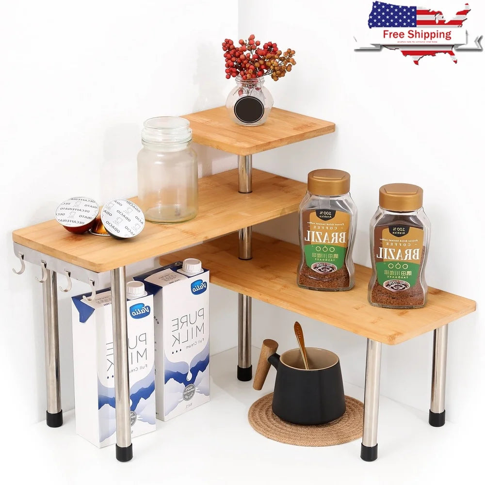 3 Tier Bamboo Corner Shelf Countertop Organizer Storage Display Kitchen Bathroom Office with Hooks Eco-Friendly Design