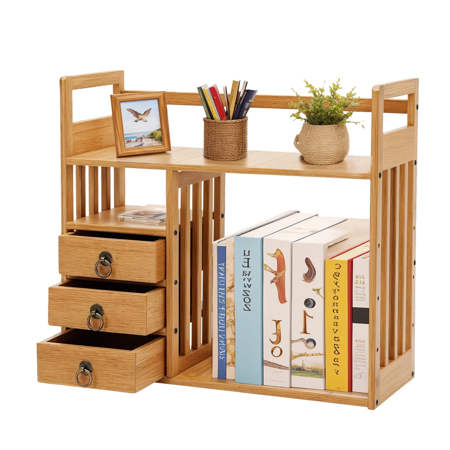 Desktop Organizer Book Shelf Office Storage Rack Wood with Drawers - Birthday Gifts - Natural Stand Shelf Rectangular