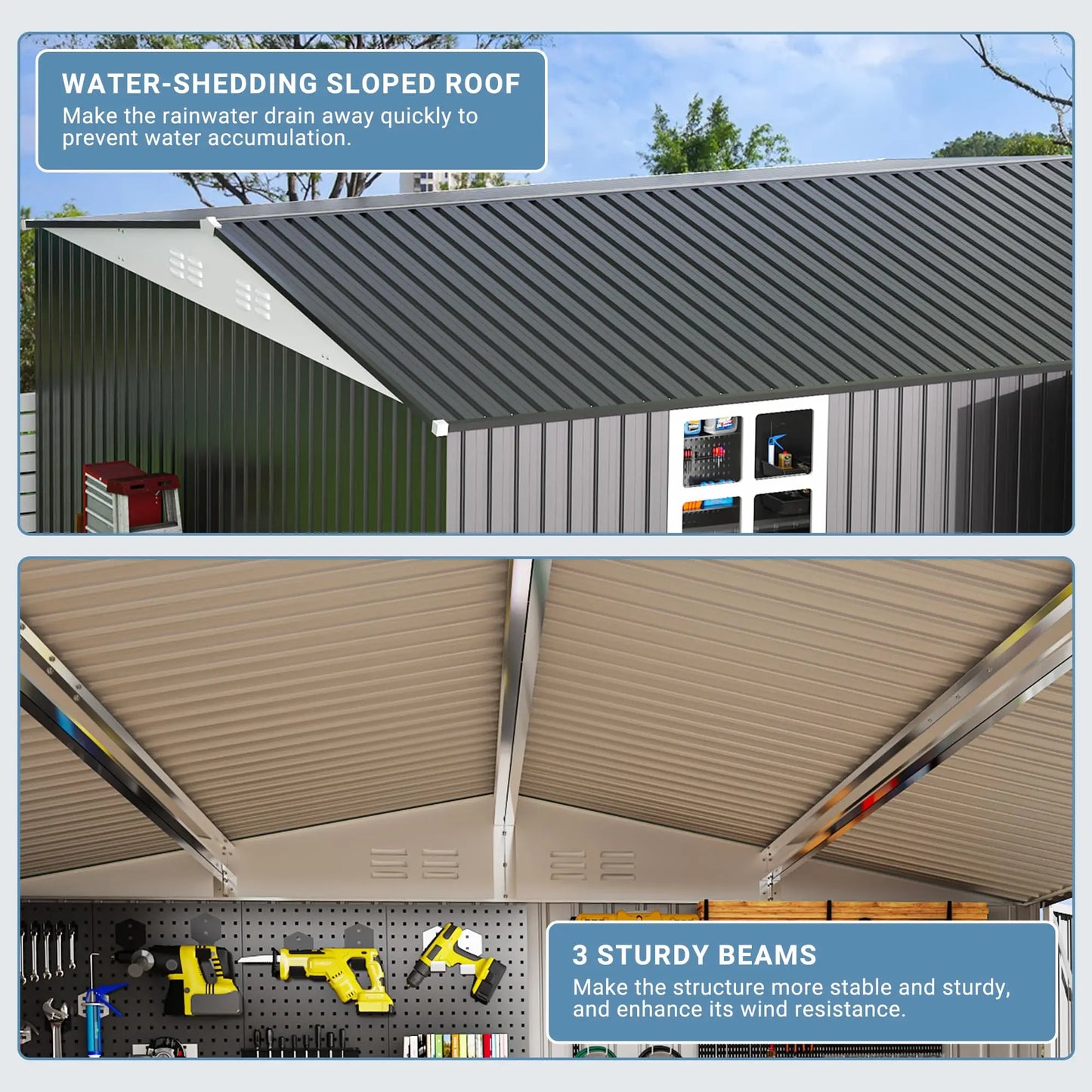 VIWAT 10x12~12x14 FT Outdoor Metal Storage Shed with Window, Lockable Garden Tool Shed, Heavy-Duty Frame, Backyard Patio Black